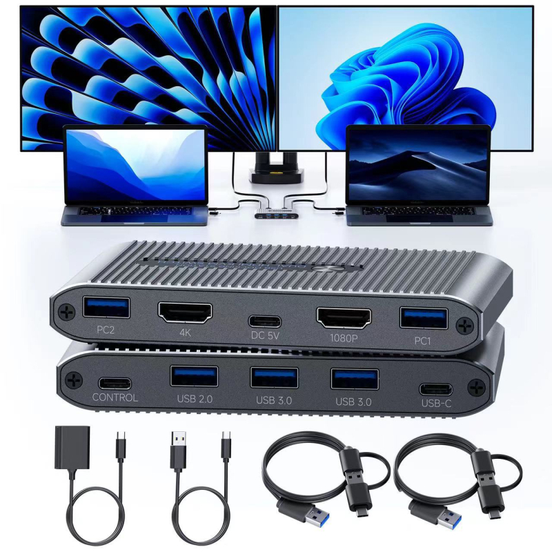 HDMI KVM διακόπτης με docking station, 2 είσοδοι, 6 έξοδοι, διπλό βίντεο
