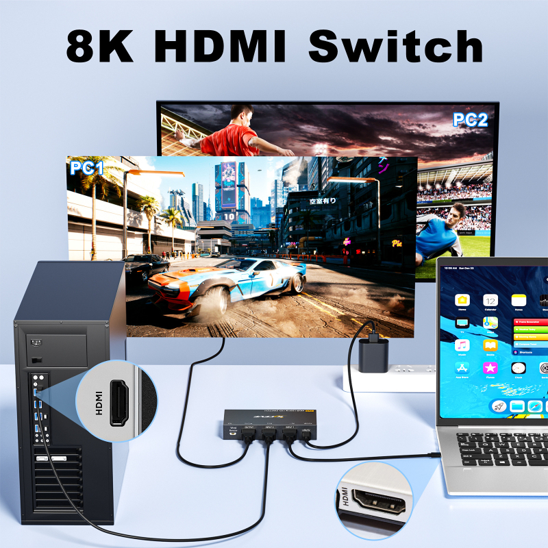 HDMI prekidač sw21, 8K60Hz, 2 ulaza/1 izlaz, KVM prekidač, duljina kabela 1,5 m
