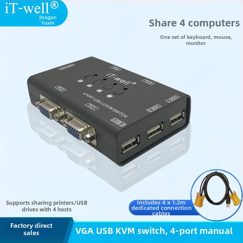 VGA KVM prepínač, 4-portový ručný, USB klávesnica a myš zdieľanie displeja, konvertor 4 do 1 výstup, model IT-CS04001MU