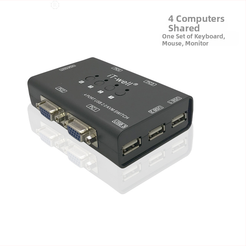 VGA KVM prepínač, 4-portový ručný, USB klávesnica a myš zdieľanie displeja, konvertor 4 do 1 výstup, model IT-CS04001MU