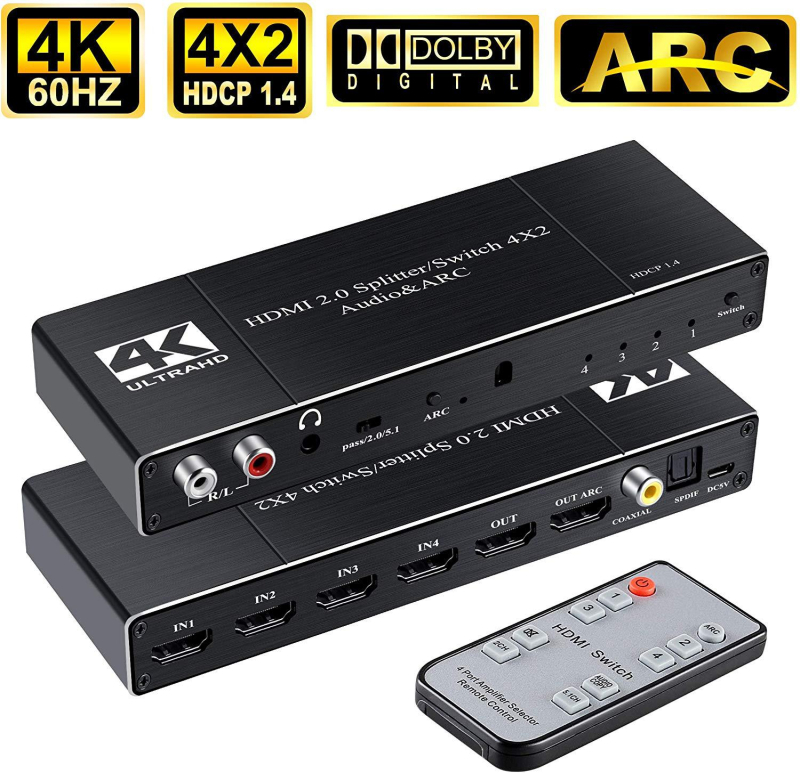 HDMI 2.0 comutator/splitter, 4 intrări 2 ieșiri, separare audio, ARC, 4K60
