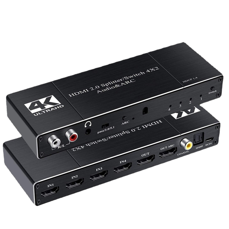 HDMI 2.0 comutator/splitter, 4 intrări 2 ieșiri, separare audio, ARC, 4K60
