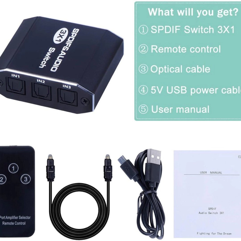 Comutator SPDIF optic 3×1, comutator video 1080P, trezire la distanță, gestionare alimentare, cablu 15 m