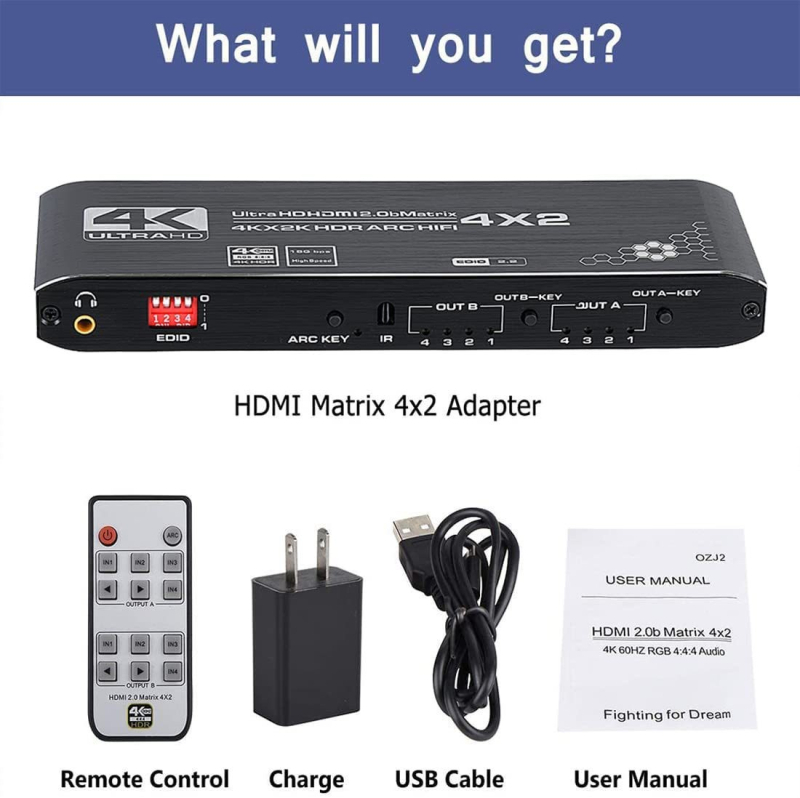 HDMI 2.0 matrica prekidač 4x2 s 4K60Hz, odvajanje zvuka + ARC, HDCP2.2