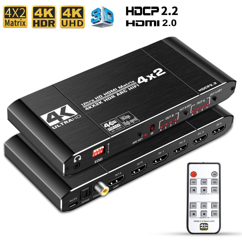 HDMI 2.0 matrica prekidač 4x2 s 4K60Hz, odvajanje zvuka + ARC, HDCP2.2