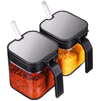 Set de sticle de condimente din sticlă cu raft de depozitare și mâner, include lingură din oțel inoxidabil 304 pentru condimente solide