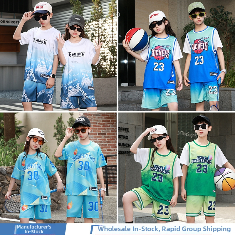 Detský krátky rukáv športový set na basketbal a beh – rýchloschnúci, priedušný polyester, 90% polyester, unisex