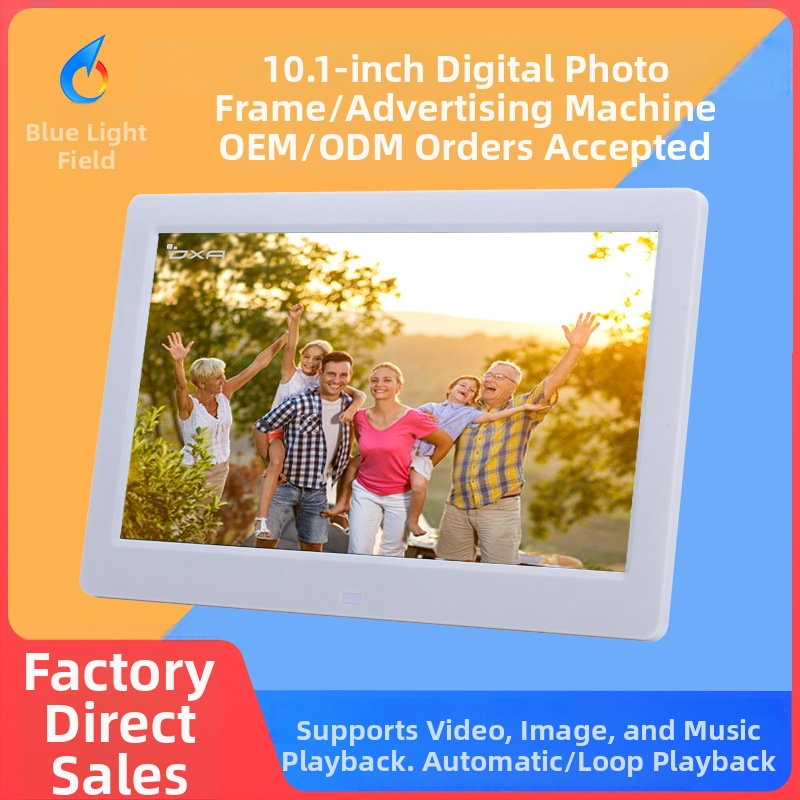Digitálny rám na fotografie s reklamnou obrazovkou, rozlíšenie 1024×600, podpora BMP/JPEG, SD/USB/TF karta, prehrávanie hudby a videa, výstup TV, ultra tenký rám