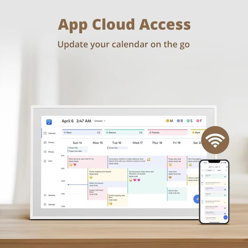 10 hüvelykes okos digitális képkeret naptárral, érintőkijelzővel és fotó-/videoátvitellel — felbontás 1024×768, 16GB, TF-kártya-támogatás, 16:9 arány, fényerő 250 lm