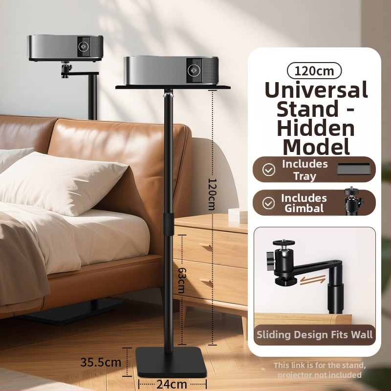 Suport de proiector pe podea pentru uz casnic — montaj fără găuri, tavă ascunsă, plasare lângă canapea, lângă perete. Brand Junyi
