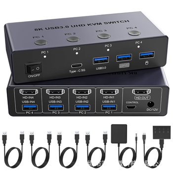 8K HDMI KVM prekidač, USB 3.0, 4 ulaza–1 izlaz, HDMI+DP dvostruki zaslon, 2-in-2-out