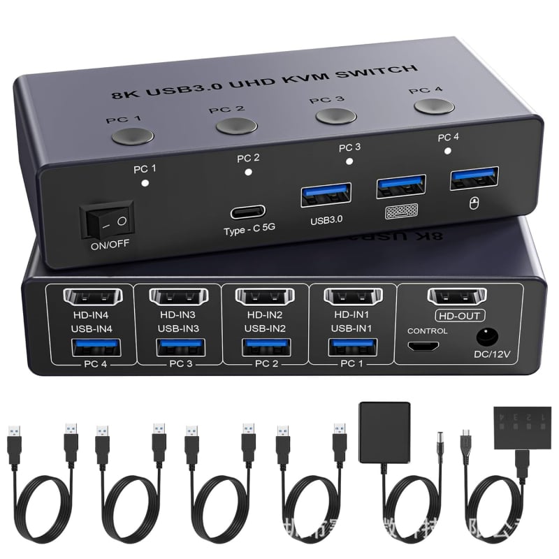 8K HDMI KVM prekidač, USB 3.0, 4 ulaza–1 izlaz, HDMI+DP dvostruki zaslon, 2-in-2-out