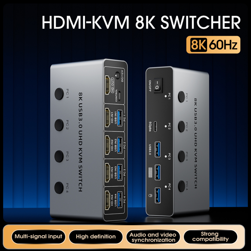 8K HDMI KVM prekidač, USB 3.0, 4 ulaza–1 izlaz, HDMI+DP dvostruki zaslon, 2-in-2-out