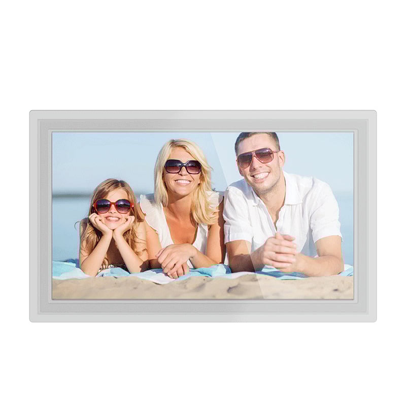 WiFi-s Digitális fotókeret telefonról feltöltéssel, 1280x800 felbontás, 16GB tárhely, SD/TF kártya támogatás, érintőképernyő, zene és videó lejátszás