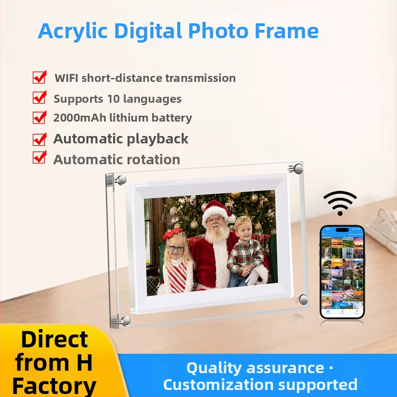 Wi-Fi digitálny rám na fotky, priehľadné akrylátové telo, rozlíšenie 1024×600, 8GB úložisko, prehrávanie videa