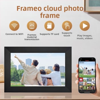 Digitális képkeret 1280x800 felbontású, 32 GB tárhely, TF-kártya támogatás, Wi‑Fi és mobilalkalmazás vezérlés, 16:9 képarány