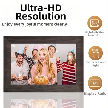 Digitális képkeret 1280x800 felbontású, 32 GB tárhely, TF-kártya támogatás, Wi‑Fi és mobilalkalmazás vezérlés, 16:9 képarány