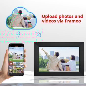 Digitális képkeret 1280x800 felbontású, 32 GB tárhely, TF-kártya támogatás, Wi‑Fi és mobilalkalmazás vezérlés, 16:9 képarány