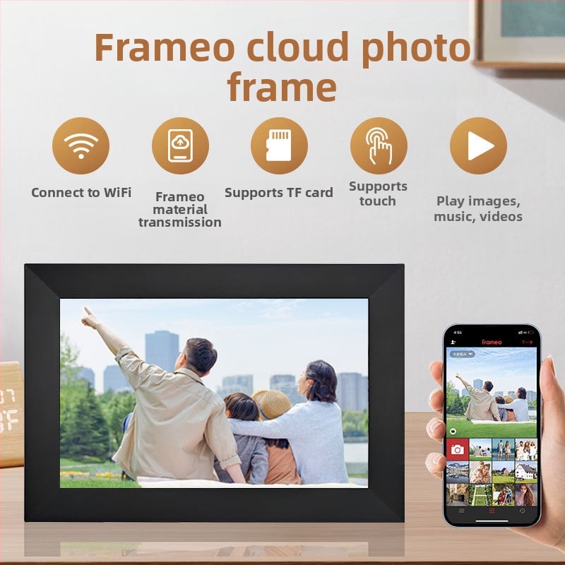 Digitális képkeret 1280x800 felbontású, 32 GB tárhely, TF-kártya támogatás, Wi‑Fi és mobilalkalmazás vezérlés, 16:9 képarány