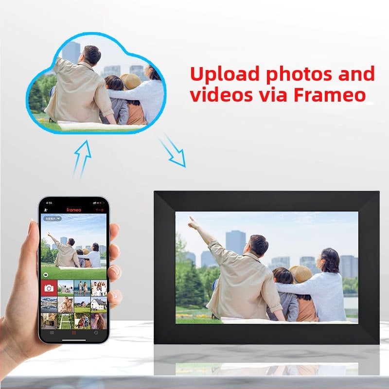 Digitális képkeret 1280x800 felbontású, 32 GB tárhely, TF-kártya támogatás, Wi‑Fi és mobilalkalmazás vezérlés, 16:9 képarány