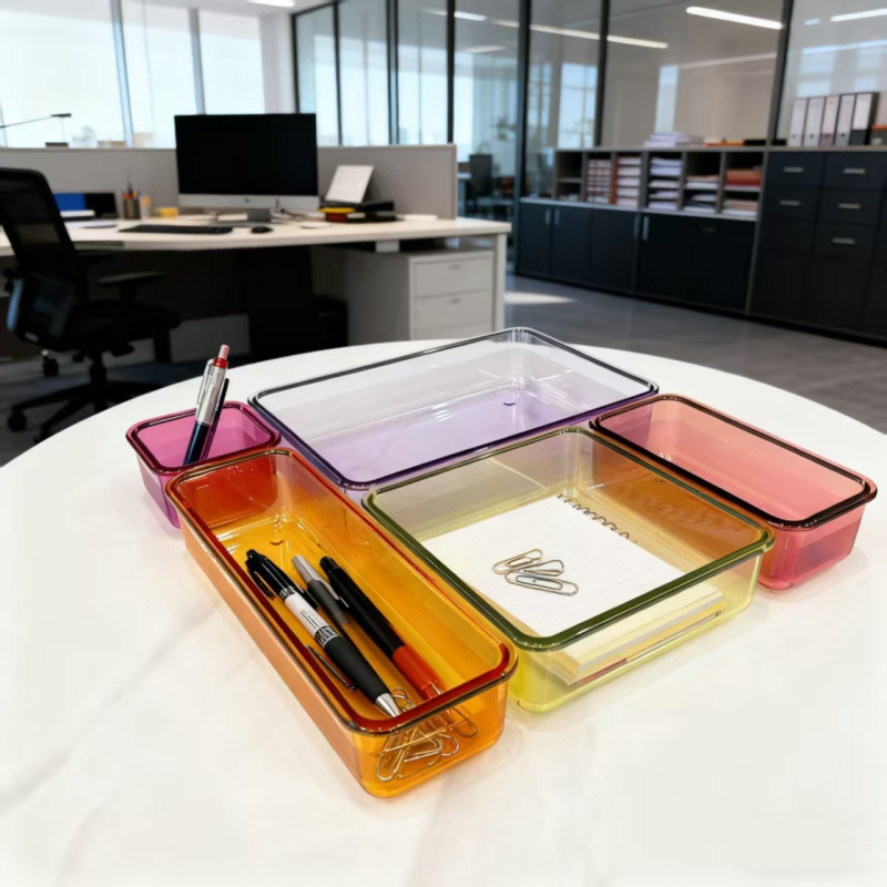 Cutie de depozitare pentru rechizite de birou, material PC, poate fi stivuită, capacitate 4,8 L, modele variate, fără capac