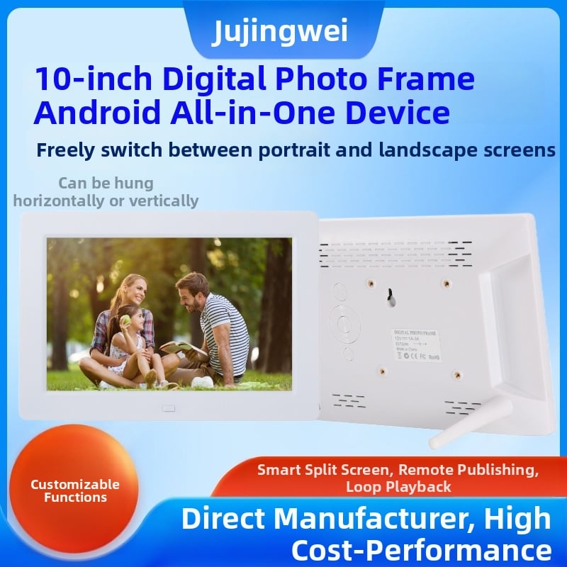 Android-based 10-palcová HD digitálna fotoramka s sieťovým pripojením a dotykovým displejom, POE reklamné zariadenie; rozlíšenie 1280x800, 8 GB pamäť, podpora MS/SD/USB/TF, BMP/JPEG/PNG/GIF