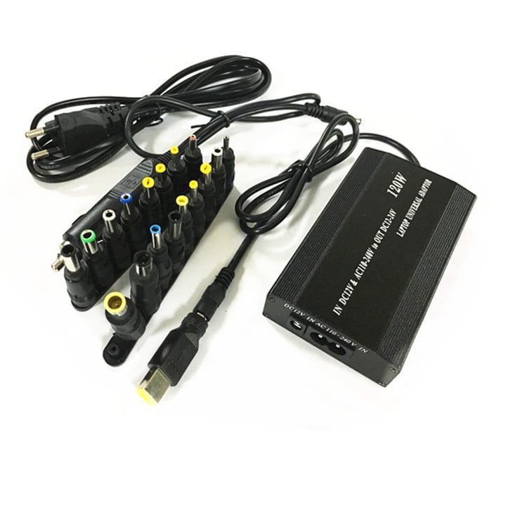 Laptophoz univerzális tápegység, 18 cserélhető csatlakozóval, 120W, kimeneti 12–24V, 4A