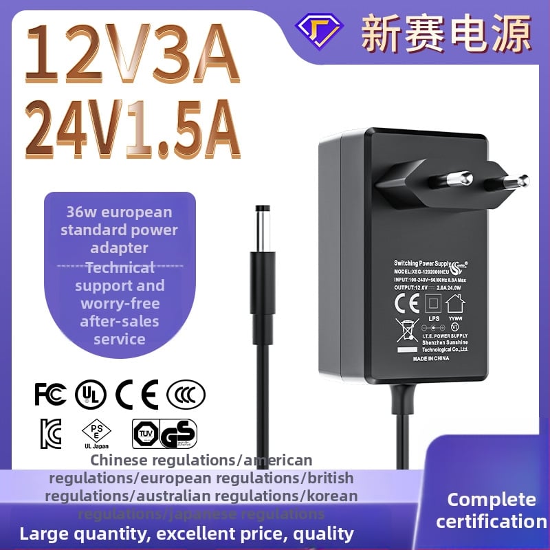 Napájací adaptér s EU zásuvkou, CE certifikát, prepínateľný zdroj pre LED osvetlenie a monitorovanie, 12V3A a 24V1.5A, vstup 100–240V