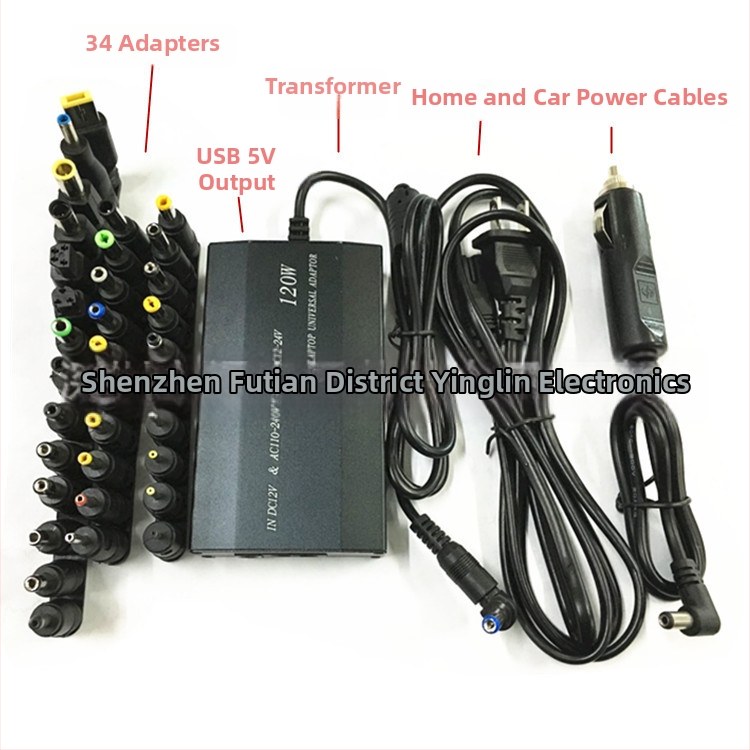 120W univerzálny nabíjač pre domáce a automobilové použitie s 34 adaptérovými rozhraniami, výstup 12-24V, 5A, vstup 12-240V AC/DC