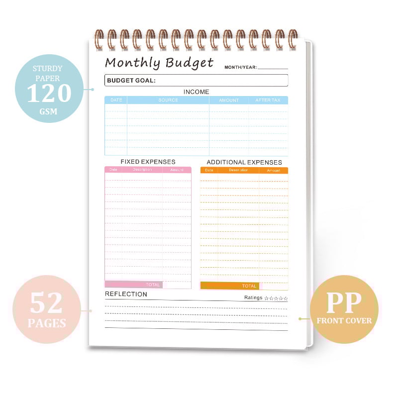 Caiet de buget lunar exclusiv transfrontalier A5, planificator financiar impermeabil din carton PP, caiet cu spirală.