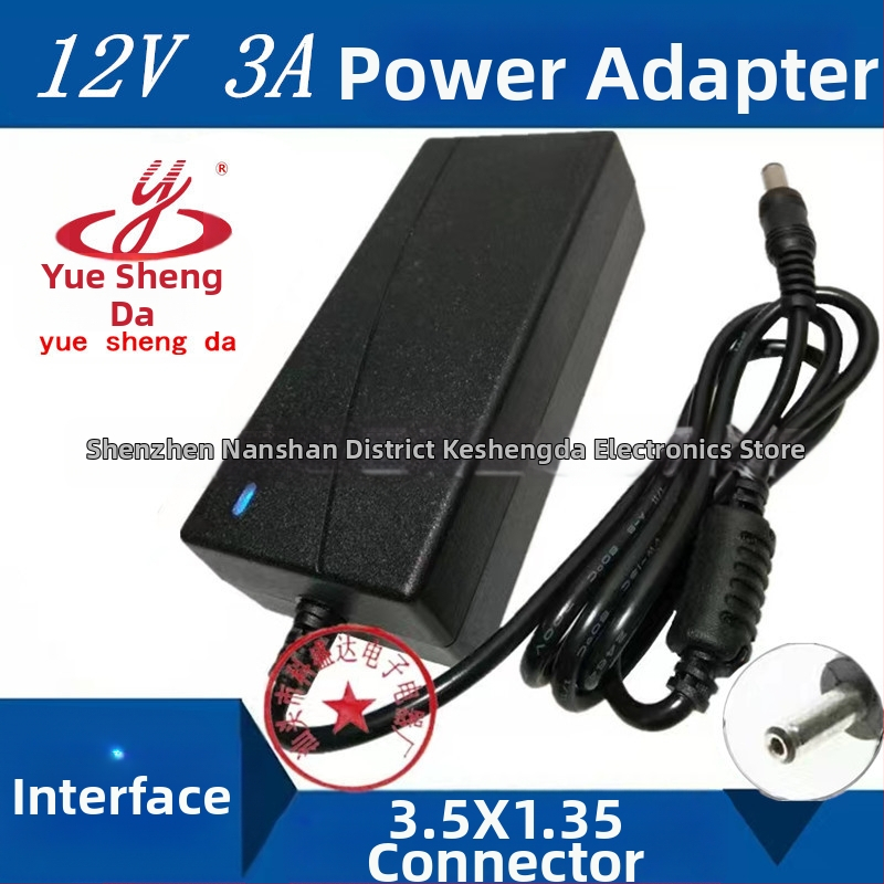 Shengda 12V 3A DC napájací adaptér s konektorom 3.5×1.35mm, vstup 100–240V, model 12V3A3.5X1.35mm, vhodný pre monitor, notebook, digitálny fotorámik a tablet