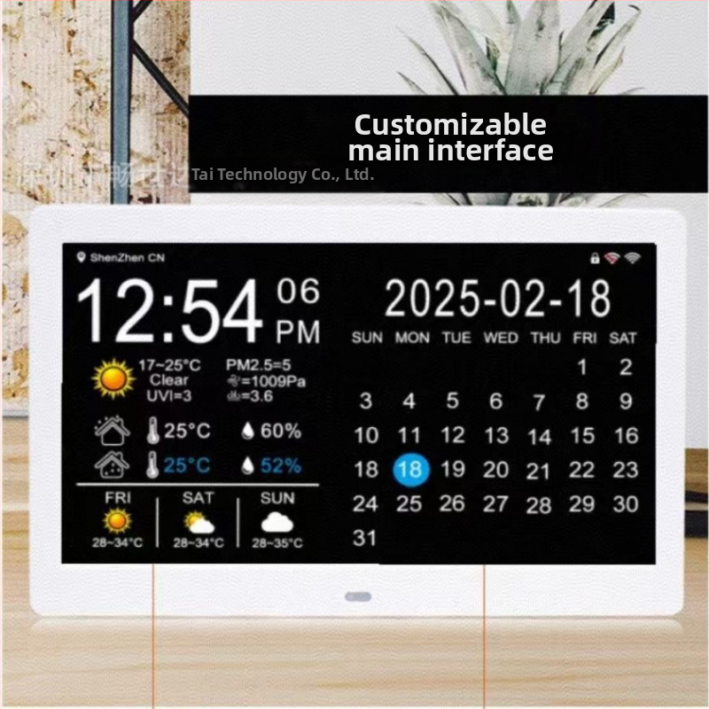 WiFi digitálne hodiny s večným kalendárom, predpoveď počasia, teplota a vlhkosť; 1024×600 rozlíšenie; podpora SD karty a USB flash disku pre domáce stolné použitie