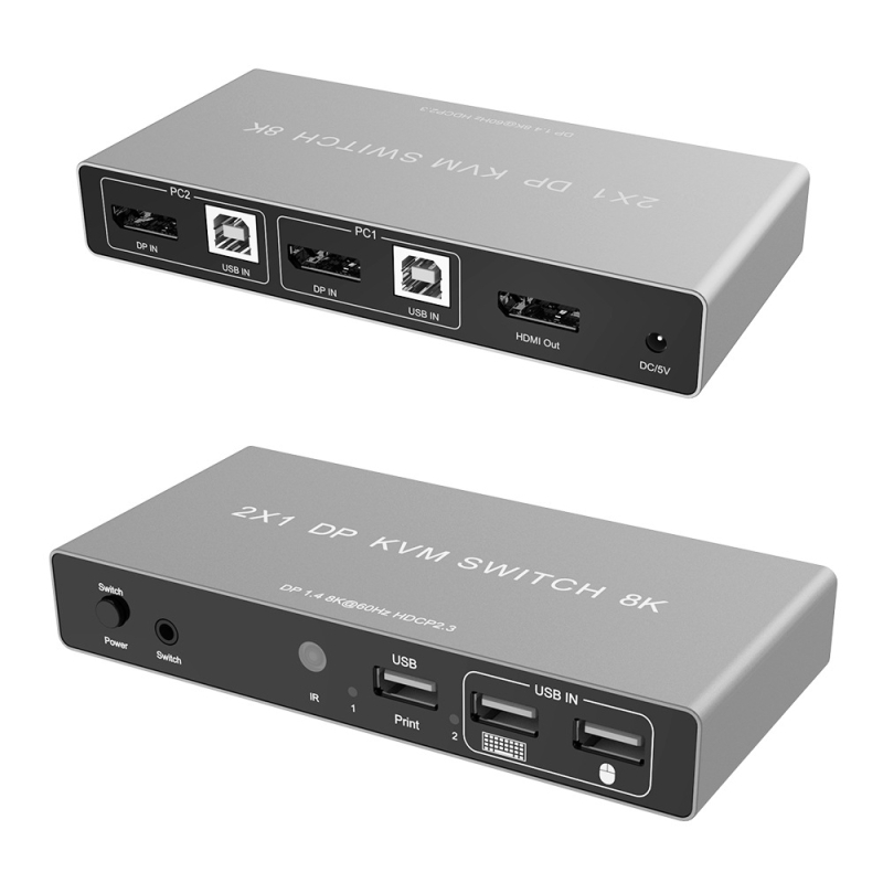 DP KVM prekidač za dva računala koja dijele jedan zaslon, podržava 8K60/4K rezoluciju, prebacivanje putem tipkovničkih prečaca, dijeljenje USB uređaja (USB pogon i pisač), kompatibilan s Windows