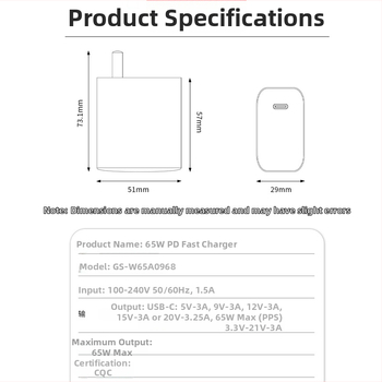 USB-C PD65W nabíjačka s jedným portom, výstup 20V/3.25A, vstup 100-240V