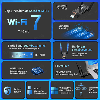 Card de rețea wireless USB 3.0 fără driveri, Wi-Fi 7 6500 Mbps, pentru desktop, 2.4/5/6 GHz, 802.11be