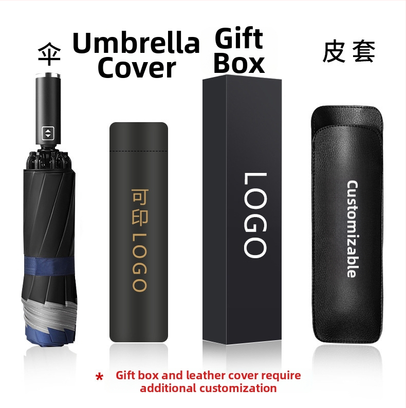 Automatski poslovni kišobran s ravnom šipkom i tiskom logotipa, okvir s 8 rebara od vlakna, čelični štap, platno 190T vinil, UPF > 50