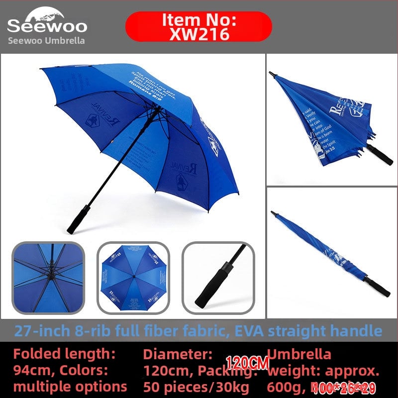 Automatski poslovni kišobran s ravnom šipkom i tiskom logotipa, okvir s 8 rebara od vlakna, čelični štap, platno 190T vinil, UPF > 50