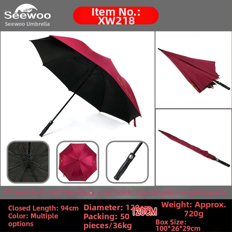 Automatski poslovni kišobran s ravnom šipkom i tiskom logotipa, okvir s 8 rebara od vlakna, čelični štap, platno 190T vinil, UPF > 50