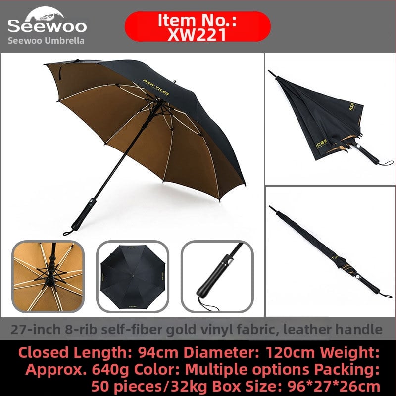 Automatski poslovni kišobran s ravnom šipkom i tiskom logotipa, okvir s 8 rebara od vlakna, čelični štap, platno 190T vinil, UPF > 50