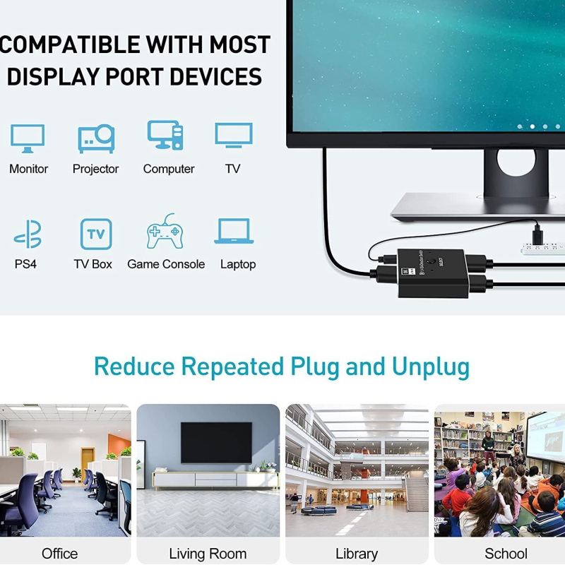DisplayPort 1.4 dvostrani prekidač s IR daljinskim upravljačem (DP1.4, 8K, dvostrani, IR daljinsko upravljanje, 1080p)