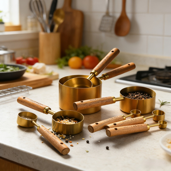Set de măsurători din oțel inoxidabil, cu mâner din lemn de acacie, opt piese, stil european pentru coacere