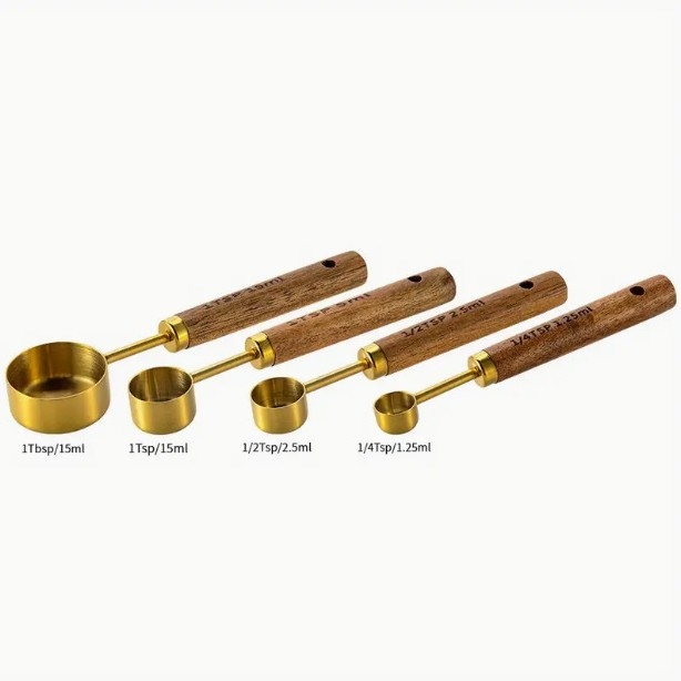 Set de măsurători din oțel inoxidabil, cu mâner din lemn de acacie, opt piese, stil european pentru coacere