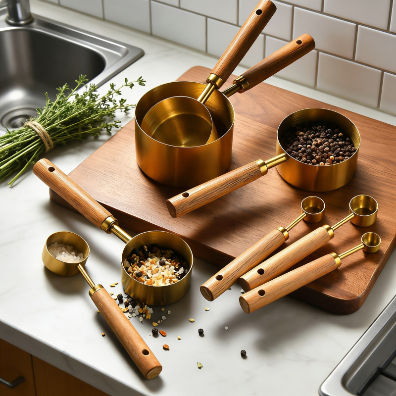 Set de măsurători din oțel inoxidabil, cu mâner din lemn de acacie, opt piese, stil european pentru coacere