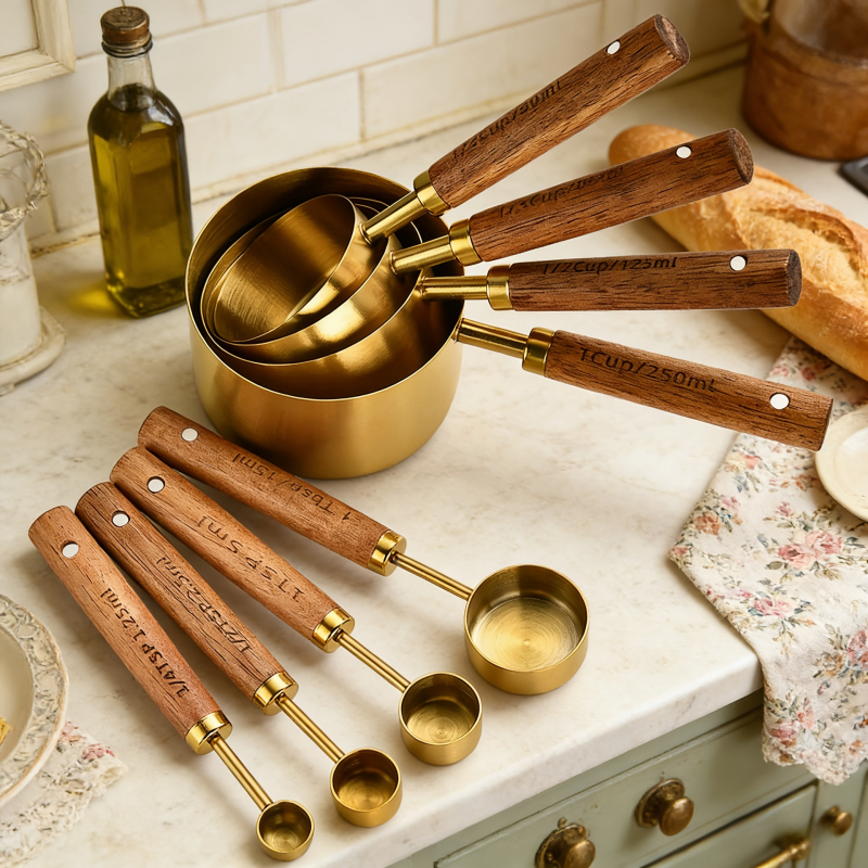 Set de măsurători din oțel inoxidabil, cu mâner din lemn de acacie, opt piese, stil european pentru coacere