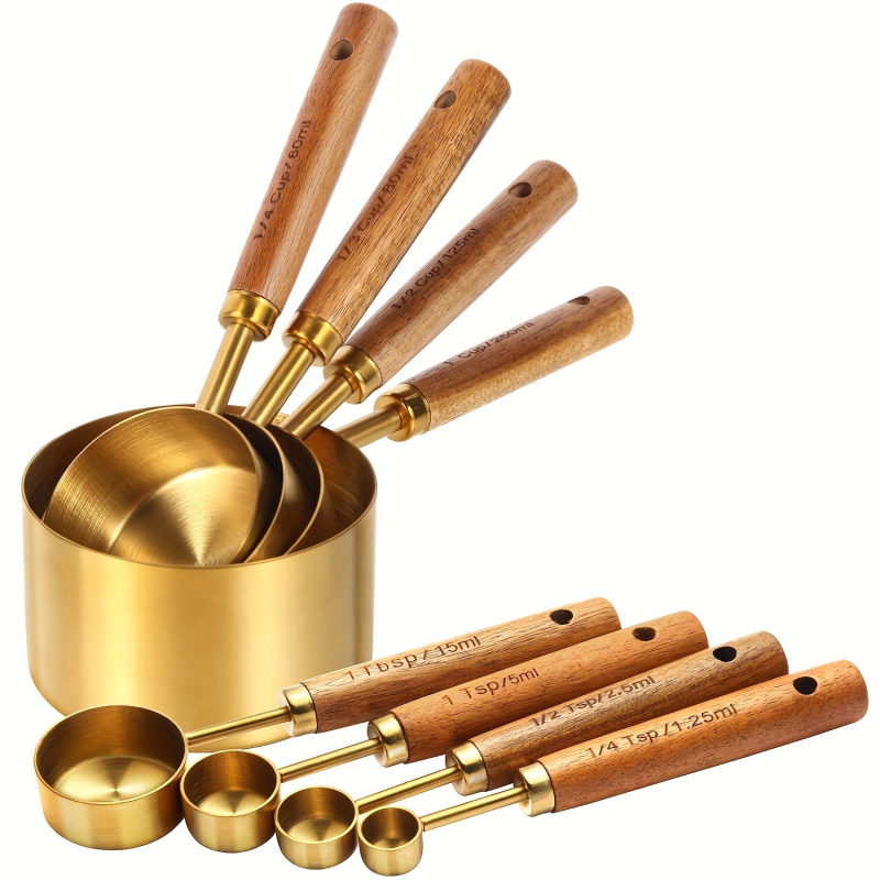 Set de măsurători din oțel inoxidabil, cu mâner din lemn de acacie, opt piese, stil european pentru coacere
