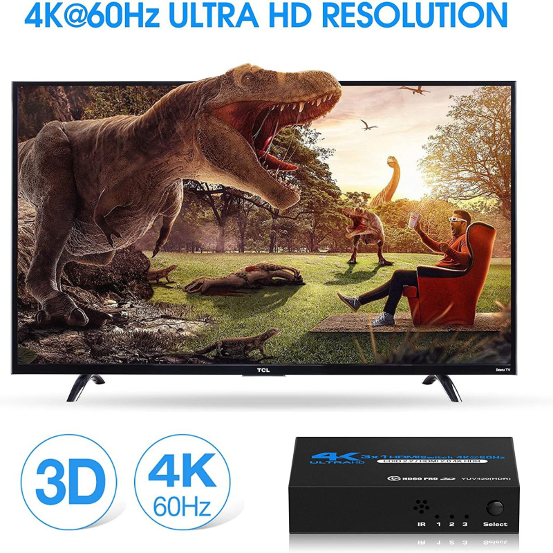 HDMI 2.0 prekidač Ozq2-1, 3 ulaza / 1 izlaz, daljinski upravljač, 4K60Hz, HDCP 2.2