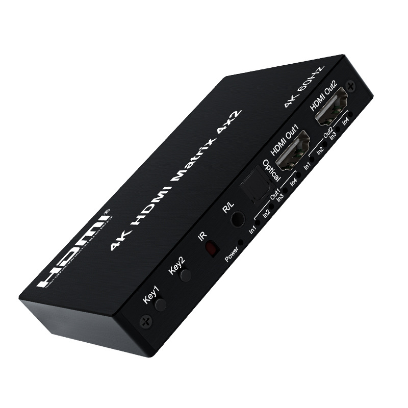 Matrice video HDMI 2.0 4x2, 4 intrări/2 ieșiri, 4K60Hz, separare audio prin fibră optic și 3,5 mm