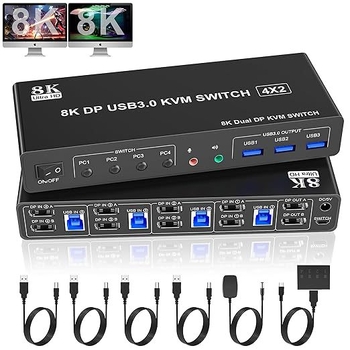 KVM prekidač DP402B-U3DD, 4 ulaza/2 izlaza, dvostruki zaslon, USB tipkovnica i miš dijeljeni između dva računala, 8K60Hz/4K120Hz
