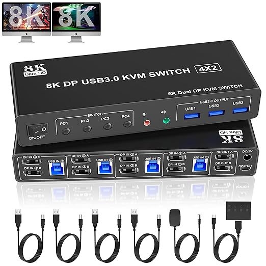 KVM prekidač DP402B-U3DD, 4 ulaza/2 izlaza, dvostruki zaslon, USB tipkovnica i miš dijeljeni između dva računala, 8K60Hz/4K120Hz
