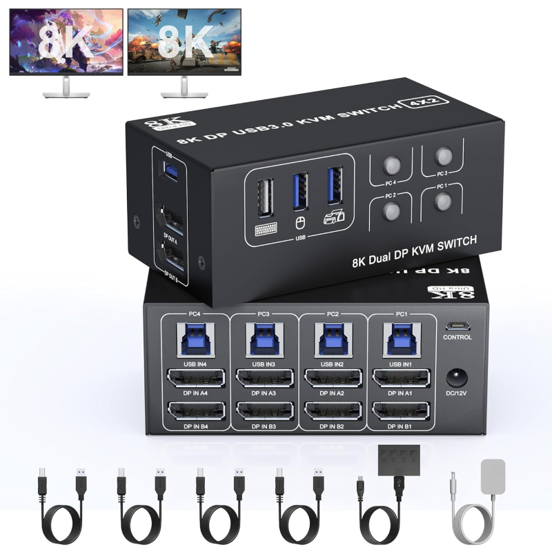 KVM prekidač DP402B-U3DD, 4 ulaza/2 izlaza, dvostruki zaslon, USB tipkovnica i miš dijeljeni između dva računala, 8K60Hz/4K120Hz